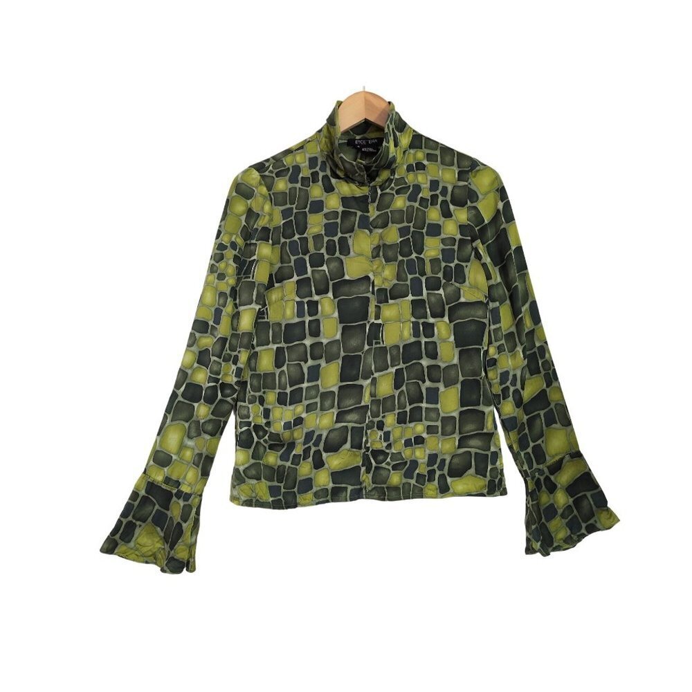 Etcetera Silk Blouse Womens 2 Green Long Sleeve Quarter Zip Bell Sleeve Lightwei